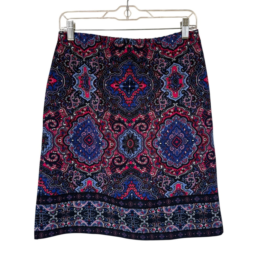 Talbots Paisley Pencil Skirt Women S Pink Blue Medallion Elastic Waist Excellent
